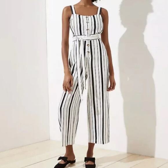 LOFT Pants - NWT Loft Striped Strappy Jumpsuit Linen Whisper White Size 8